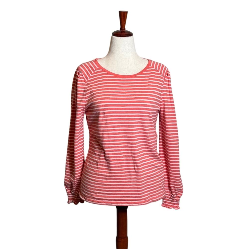 Talbots top peach and white striped long sleeve scoop neck cotton popover Sz L